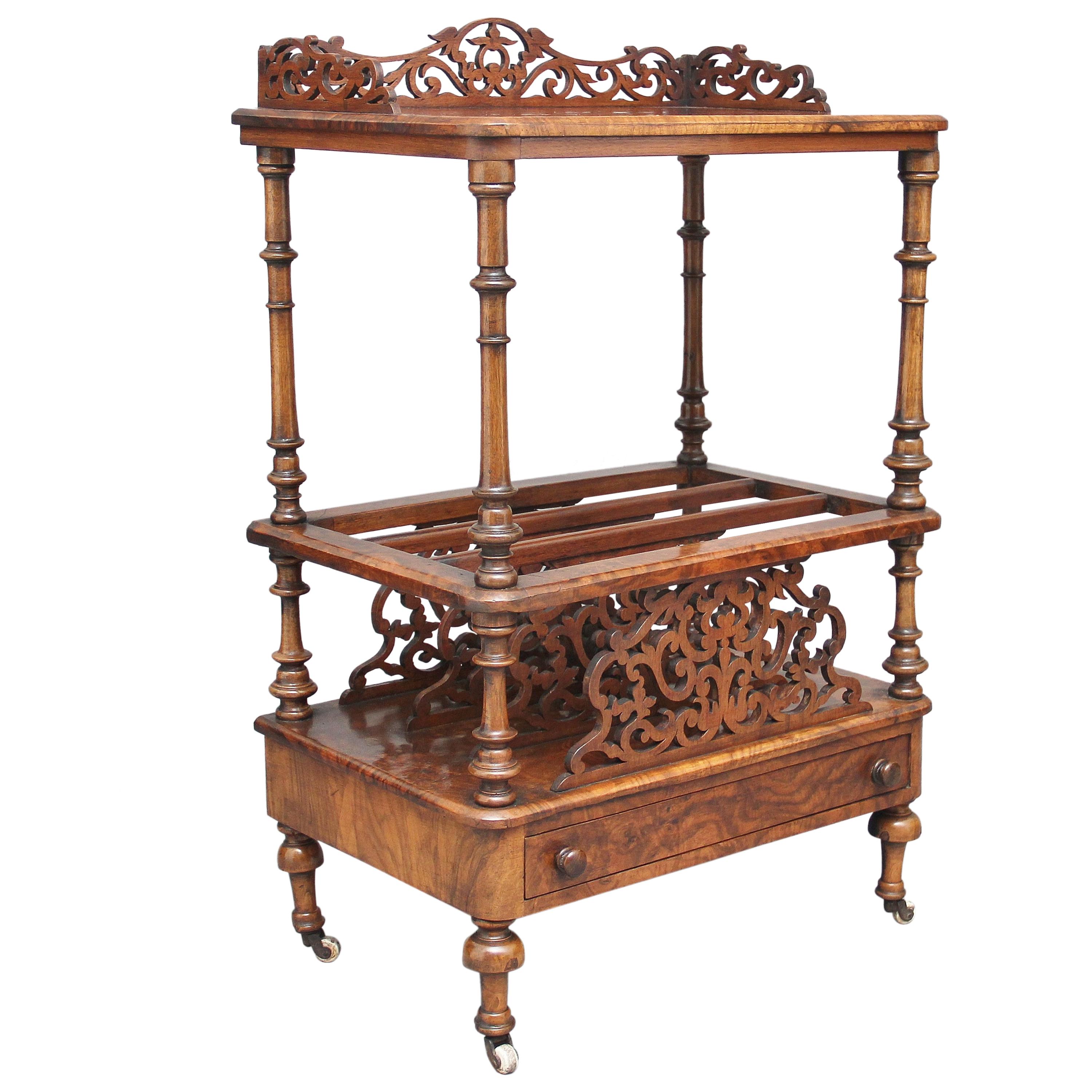 19th Century burr walnut Canterbury with a carved and pierced gallery