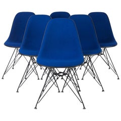 Set of 6 Blue Herman Miller Eames Upholstered DSR Dining Side Shell Chairs