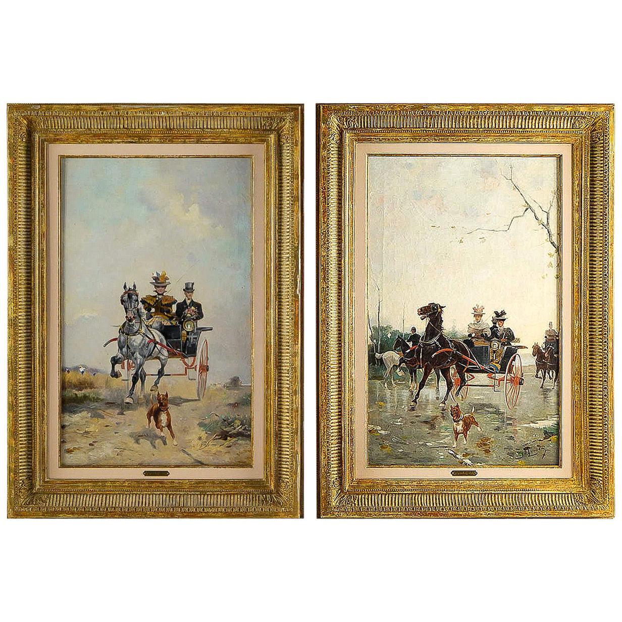 Harvey James Pair of Oil on Canvas Walks in Carriages, circa 1850 For Sale
