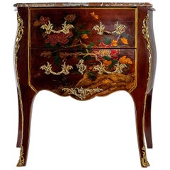 Louis XV Style Early 20th Century Lacquer Commode Flowers and Chinoiserie Scenes