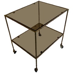 Brass Faux Bamboo 2-Tier Side Accent Table, Drinks Trolley or Cart, French 1970s