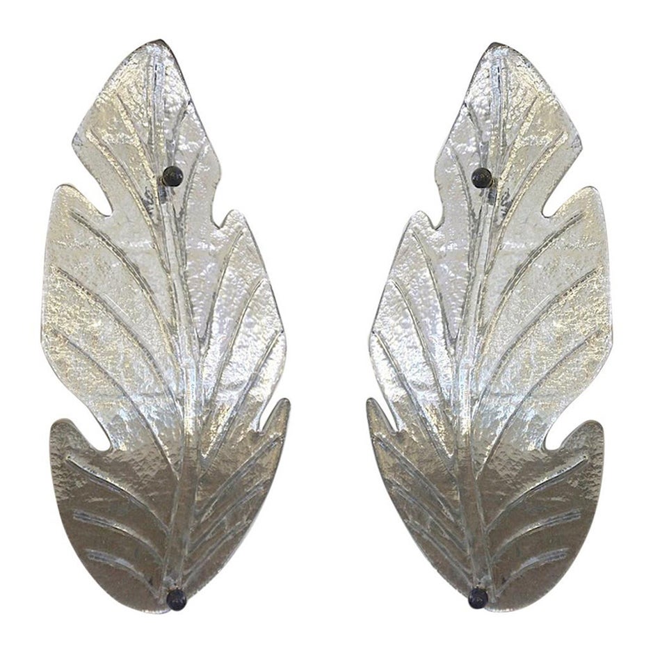 1980 Italian Vintage Nickel Pair of Tall Silver Color Murano Glass Leaf Sconces For Sale