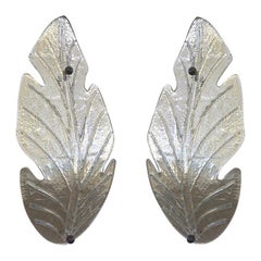 1980 Italian Vintage Nickel Pair of Tall Silver Color Murano Glass Leaf Sconces