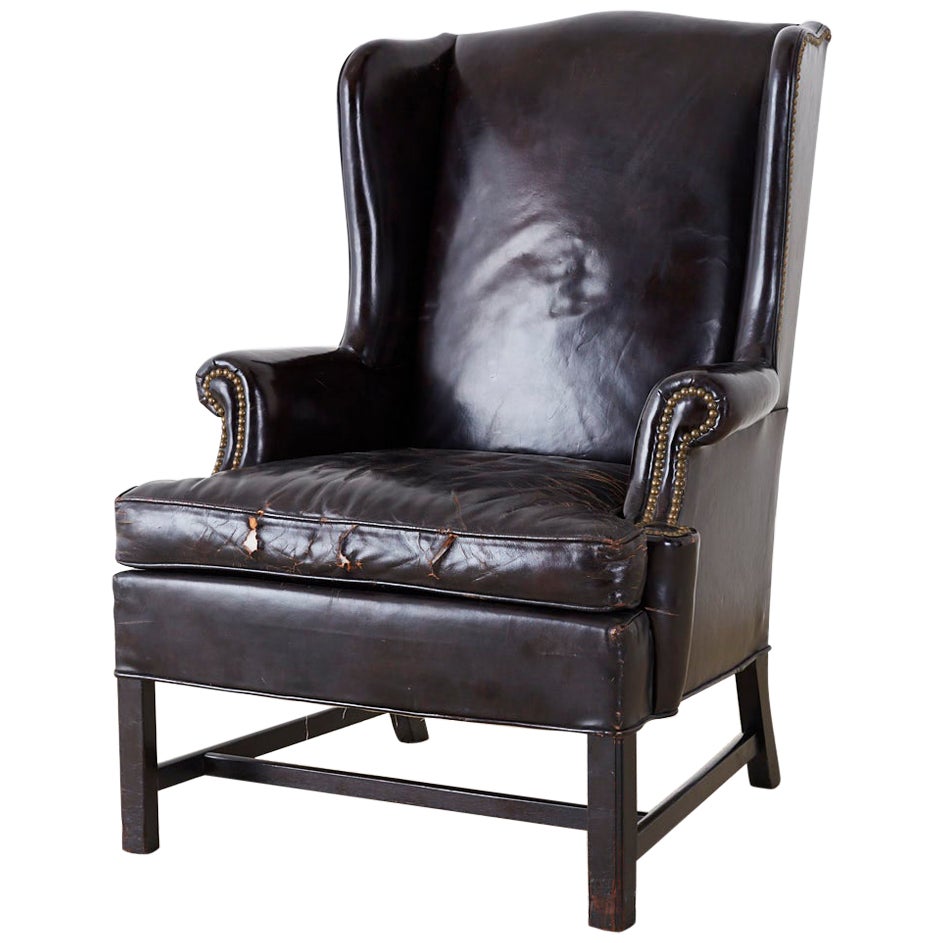 Classic Vintage Chippendale Style Black Leather Wingback Chair at 1stDibs