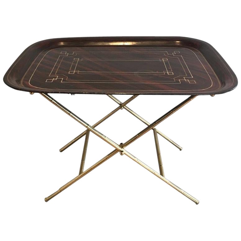 Unusual Tray Table in Brass with a Lacquer Tole Top, circa 1950