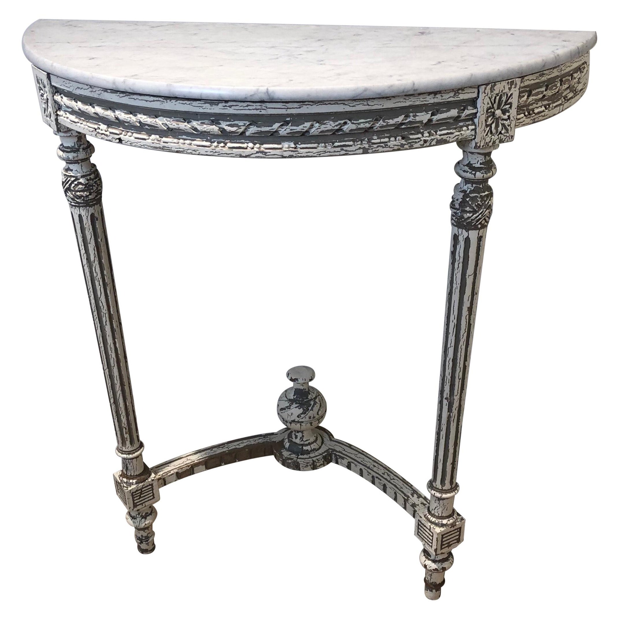 French Demilune Hand Painted White Wooden Console with White Marble Top