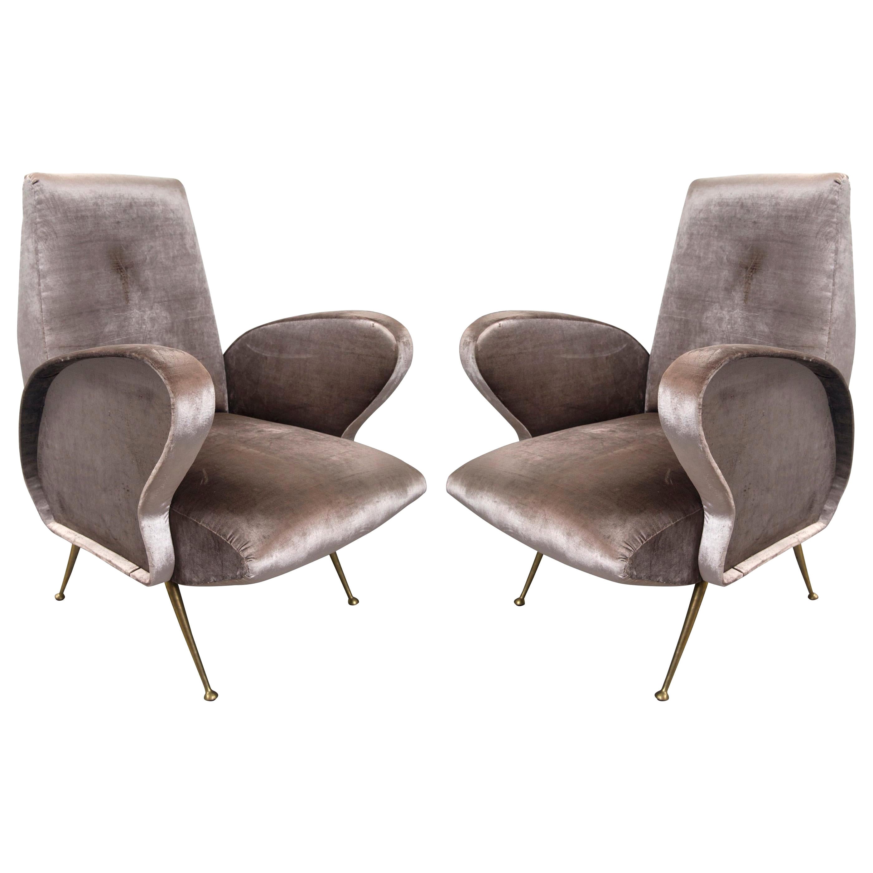 Pair of Grey Italian Silk Velvet Chairs, in the Style of Gio Ponti