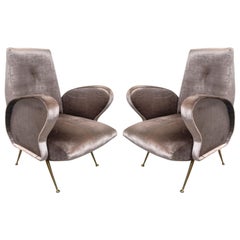 Used Pair of Grey Italian Silk Velvet Chairs, in the Style of Gio Ponti
