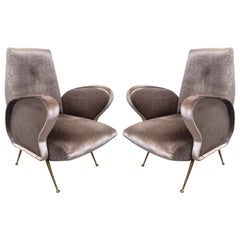Pair of Grey Italian Silk Velvet Chairs, in the Style of Gio Ponti