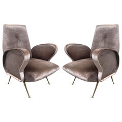 Pair of Grey Italian Silk Velvet Chairs, in the Style of Gio Ponti