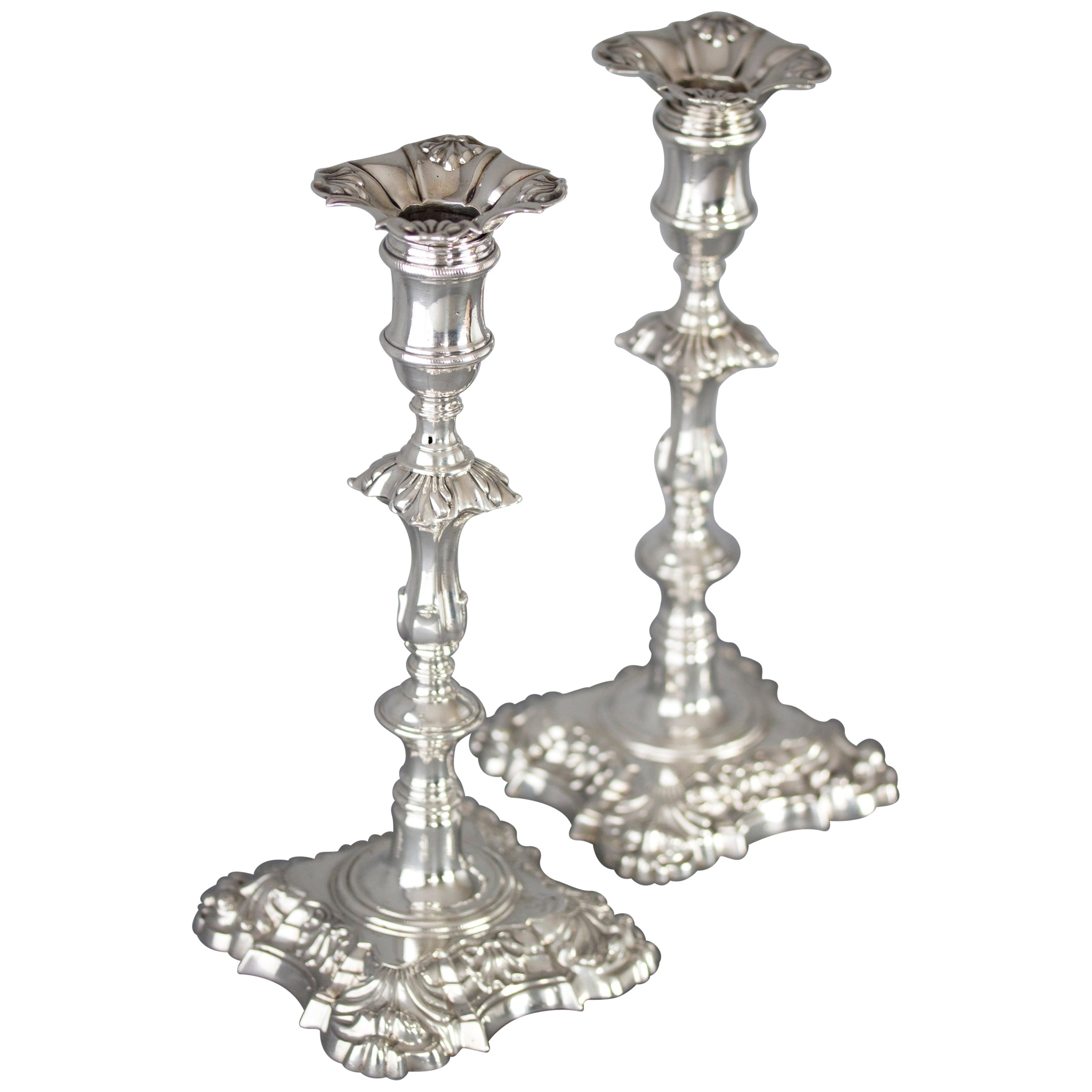 A Pair of Cast Silver Candlesticks, London 1752 For Sale at