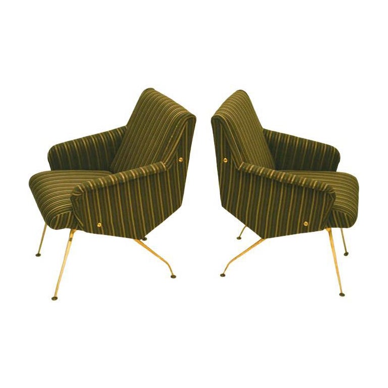 Pair of French Lounge Chairs 1950s on Brass Legs in Black and Gold