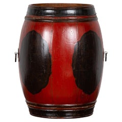 Small Vintage Wooden Barrel Planter with Red and Black Lacquered Decor