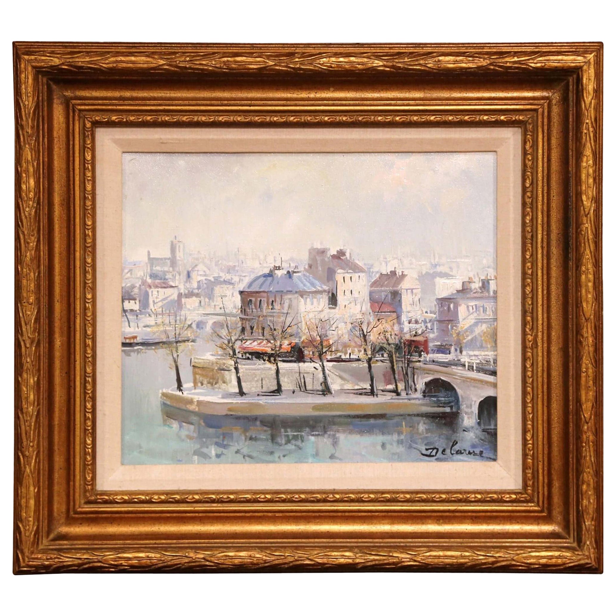 Óleo enmarcado de mediados de siglo "L'Ile Saint Louis, París" firmado L. Delarue en venta