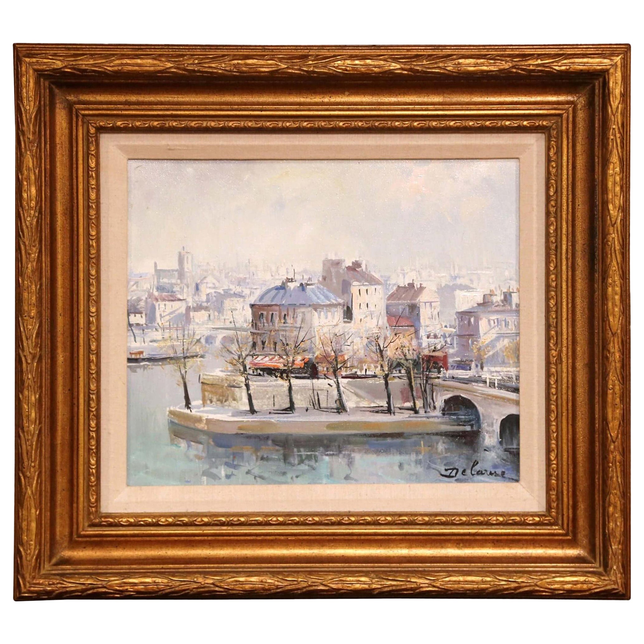 Midcentury Framed Oil Painting "L'Ile Saint-Louis, Paris" Signed L. Delarue