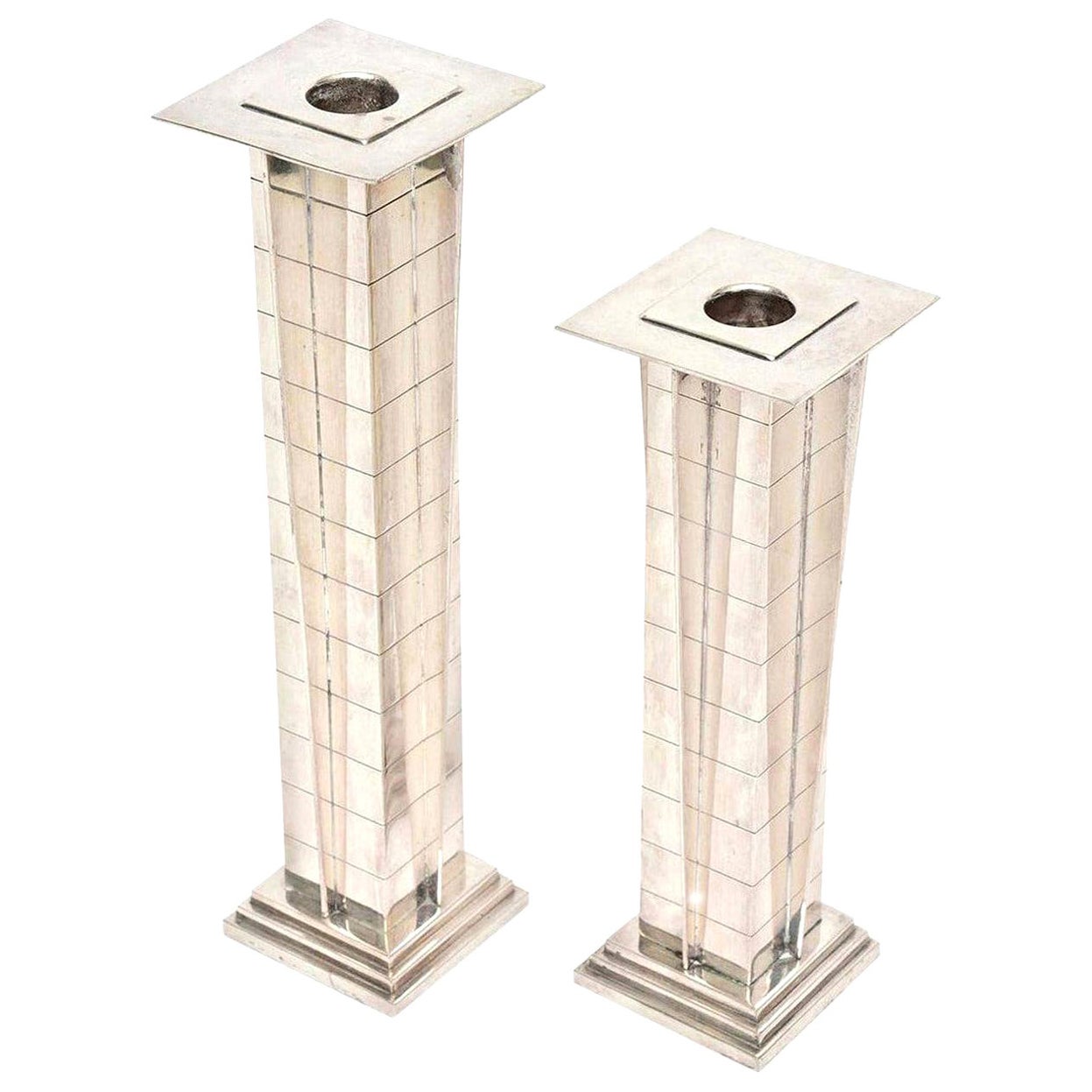 Vintage Silver-Plate Deco Style "Skyscraper" Candlesticks Pair Of For Sale