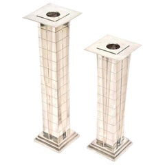 Retro Silver- Plate Deco Style "Skyscraper" Candlesticks Pair Of