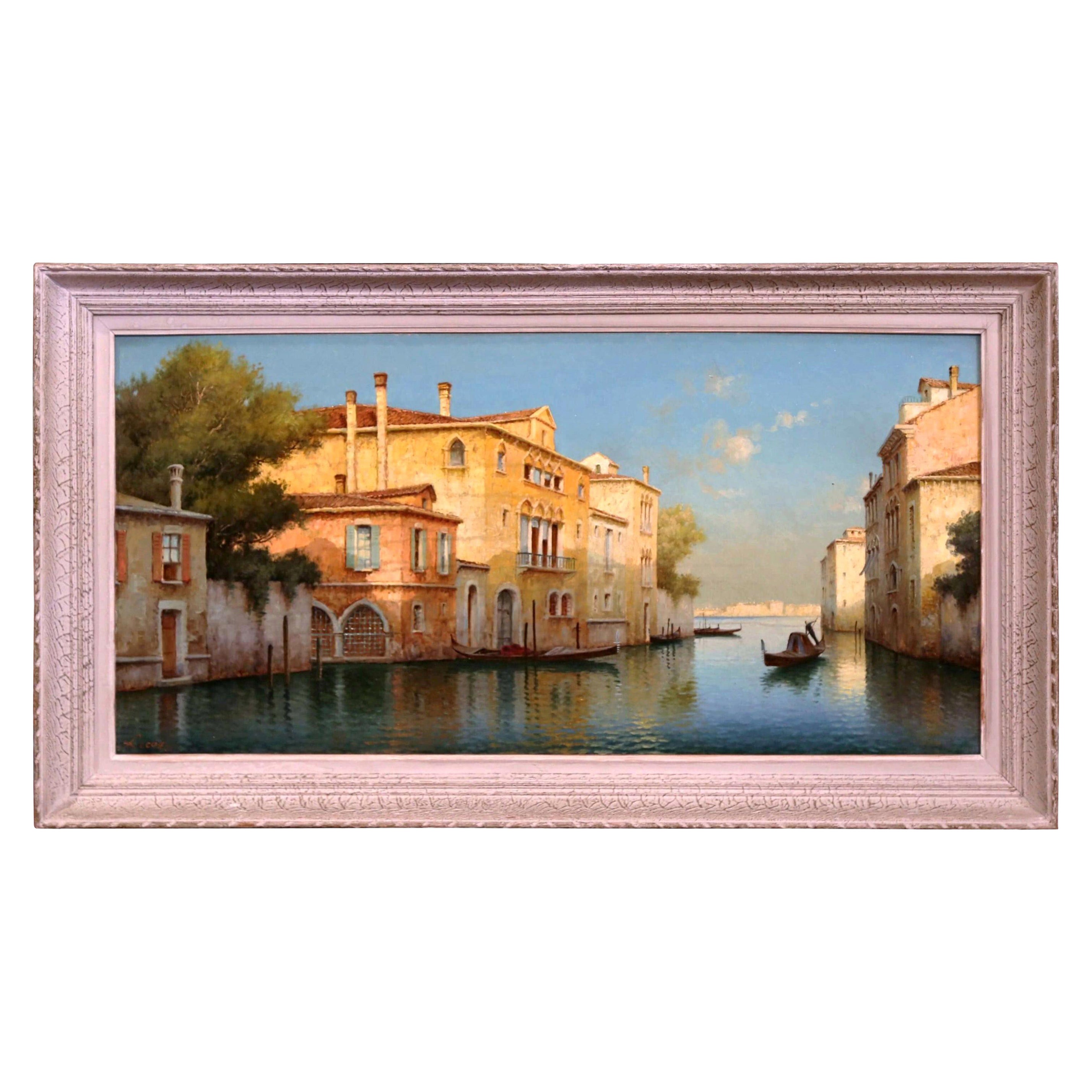 Peinture à l'huile française encadrée du début du 20e siècle représentant un coucher de soleil à Venise, signée A. Lecoz