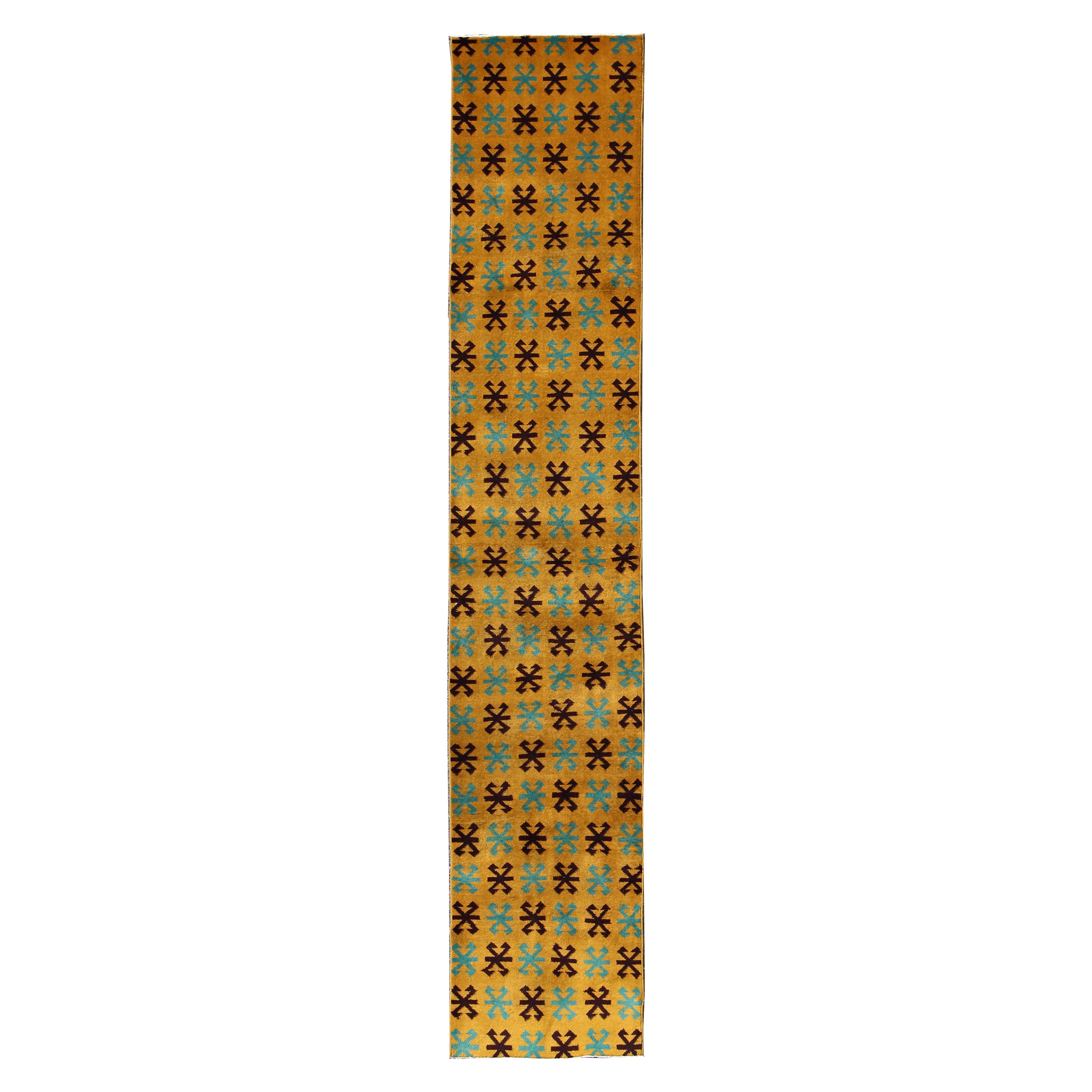 Long Runner with Mid-Century Modern Design in Yellow, Turquoise and Black For Sale