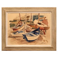 Midcentury English Oil on Board Boat Painting Signed J.C. Wright Dated 1948