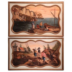 Paire de panneaux muraux peints français représentant des scènes portuaires et pastorales, datant du XIXe siècle