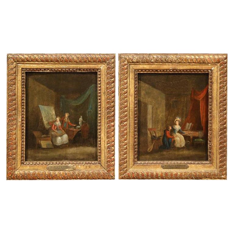Paire de peintures sur panneau de bois du XVIIIe siècle dans des cadres dorés, signées N. Lavreince en vente