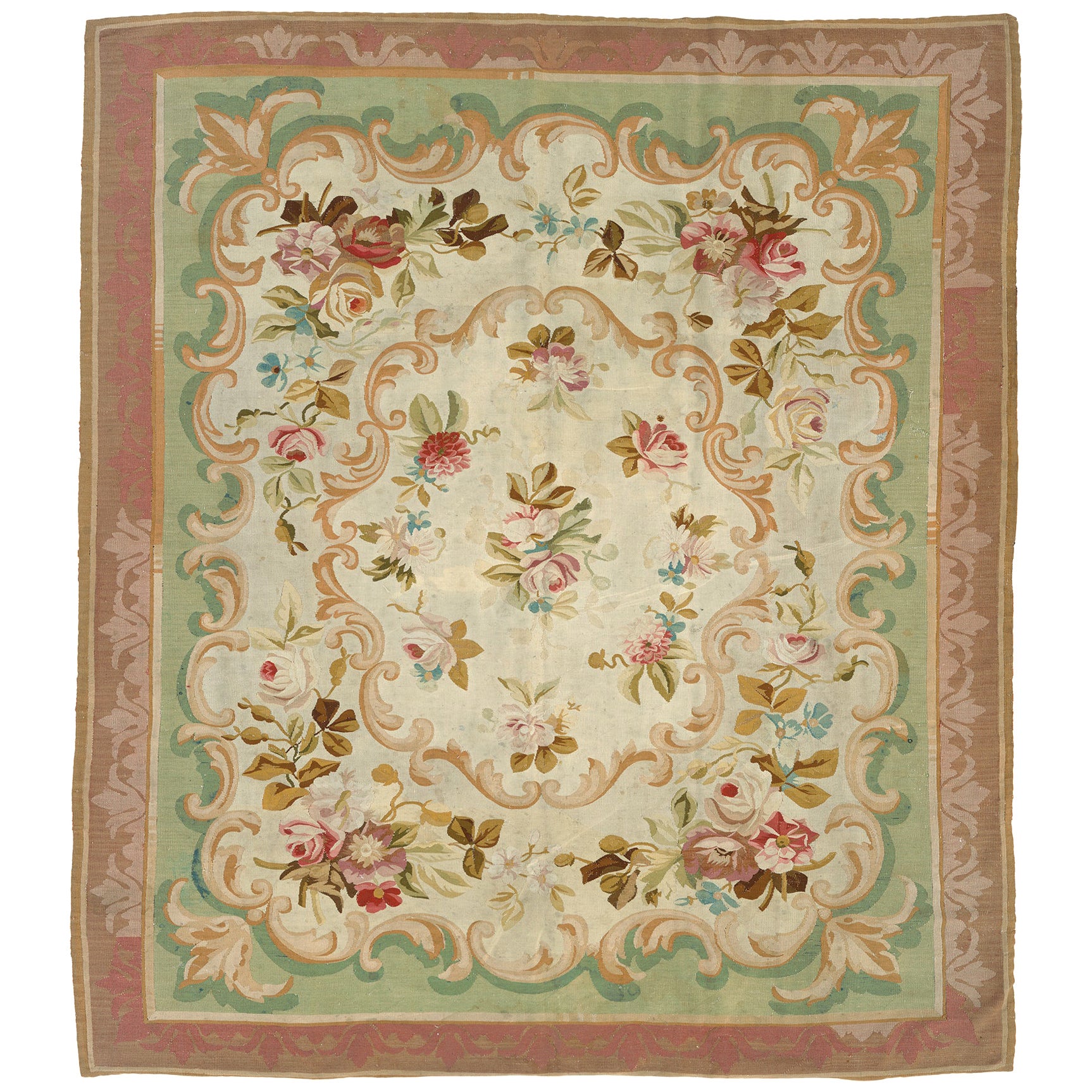 Antique French Aubusson Red Botanic Rug For Sale at 1stDibs