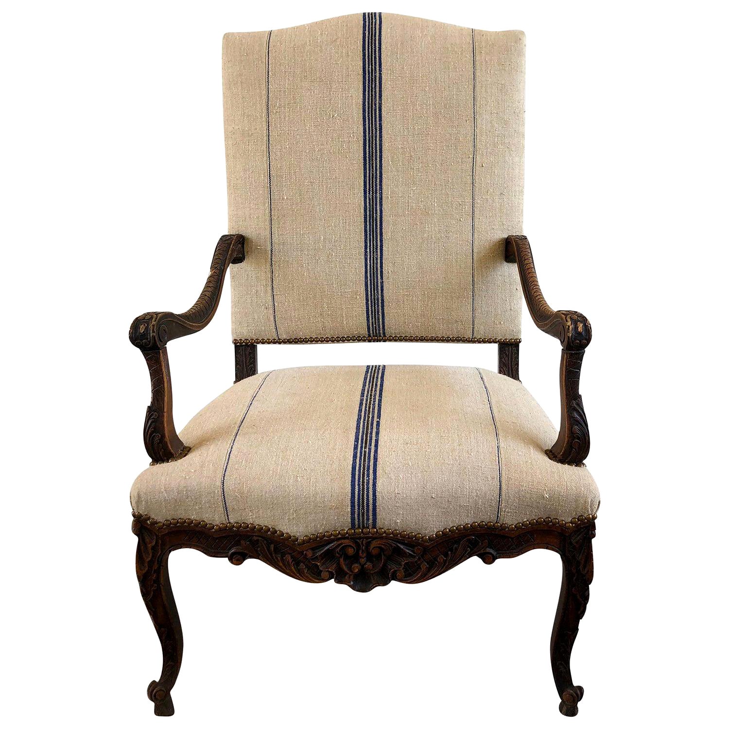 18th Century Régence Fauteuil, Antique French Beechwood, Brass Armchair