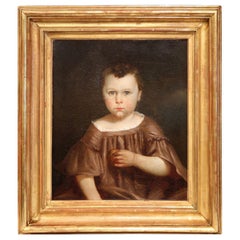 Antique Early 19th Century French Child Portrait Oil Painting in Gilt Frame