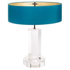 Mid-Century French Clear Plexiglass Table Lamp Turquoise Colored Shade 1960s