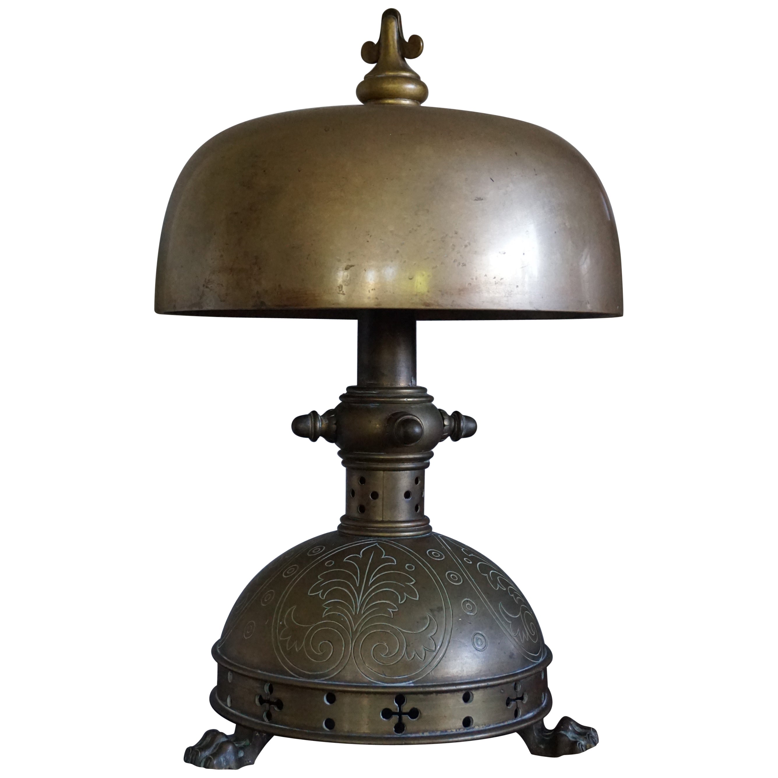 Gothic Revival Bronze and Cathedral Glass Chapel Table Lamp with Christ