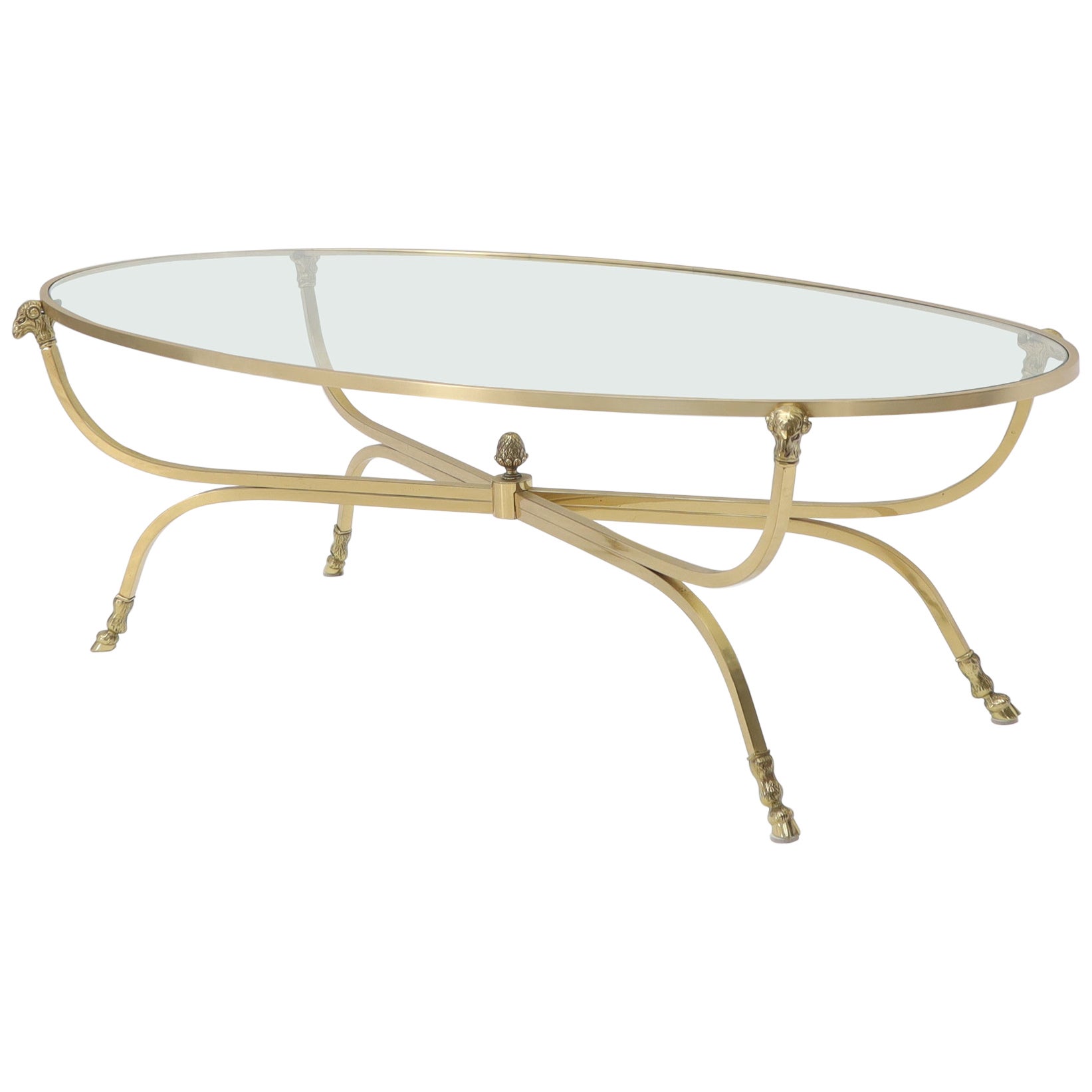 Large Square Brass Coffee Table w/ Lotus Like Base Stretcher For Sale