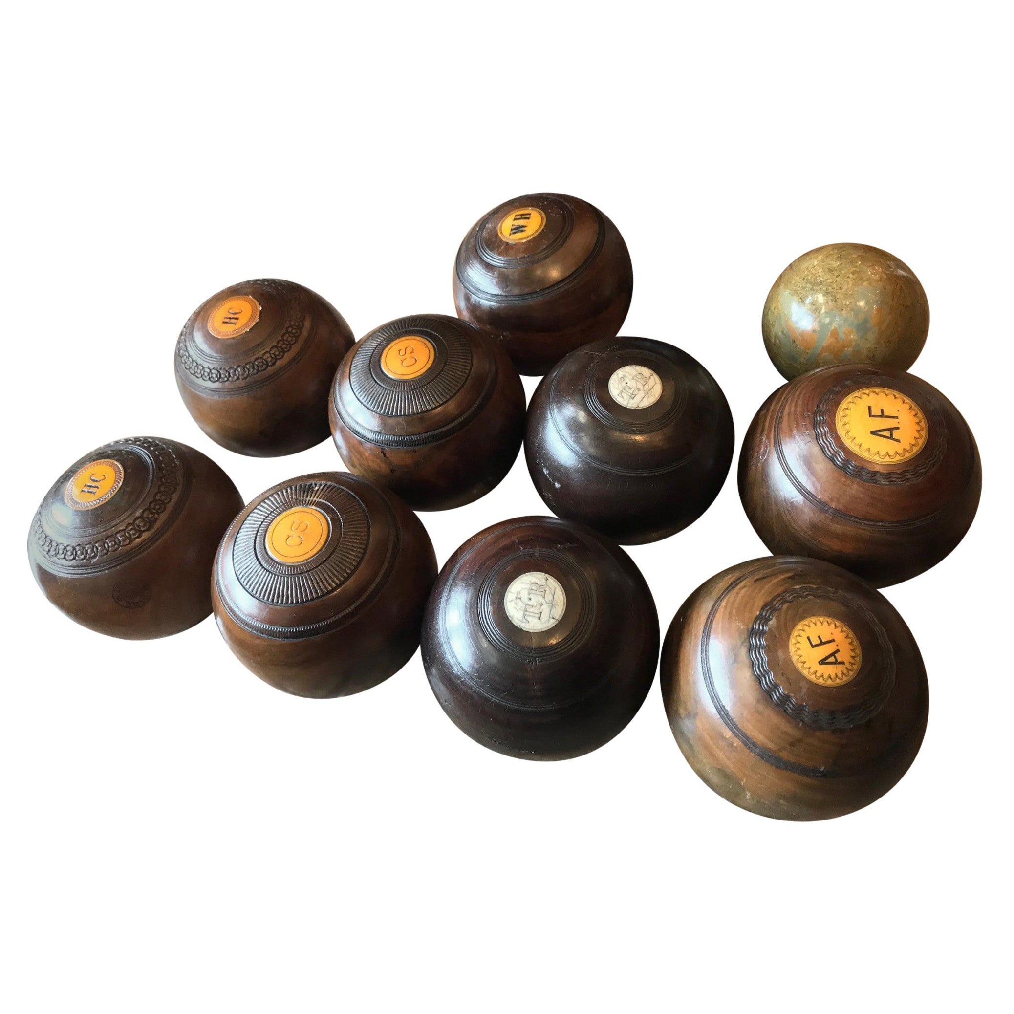 10 Carpet Lawn Bowling Hand Carved Wood & Stone Balls Antique Office Gift Idea