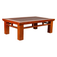 Antique Late Qing Dynasty Period Elm Coffee Table with Square Legs and Rattan Inset Top