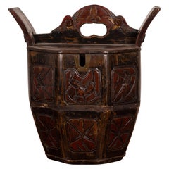 Late Qing Dynasty Wedding Box with Carved Handle, Animals and Foliage Motifs