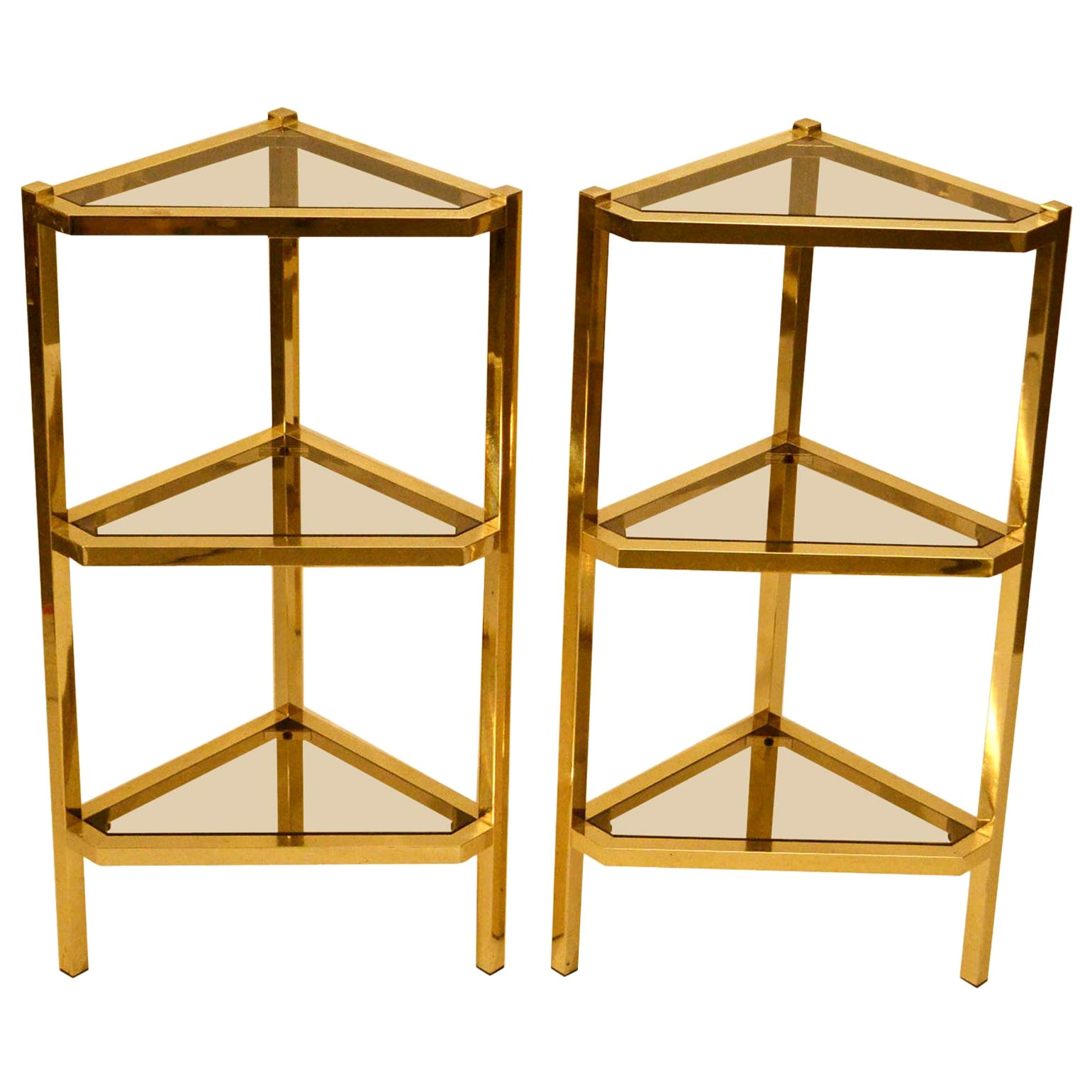 Pair of Triangular Brass and Glass 1970s Shelving Units