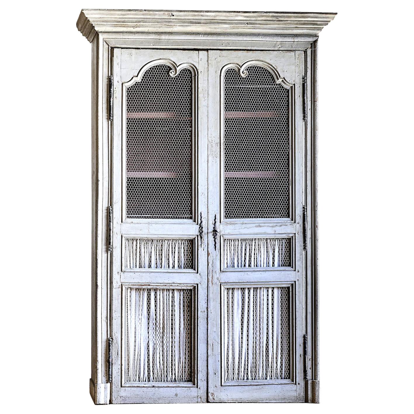 18th Century Louis XV French Armoire, Antique White-Brown Pinewood Wardrobe For Sale