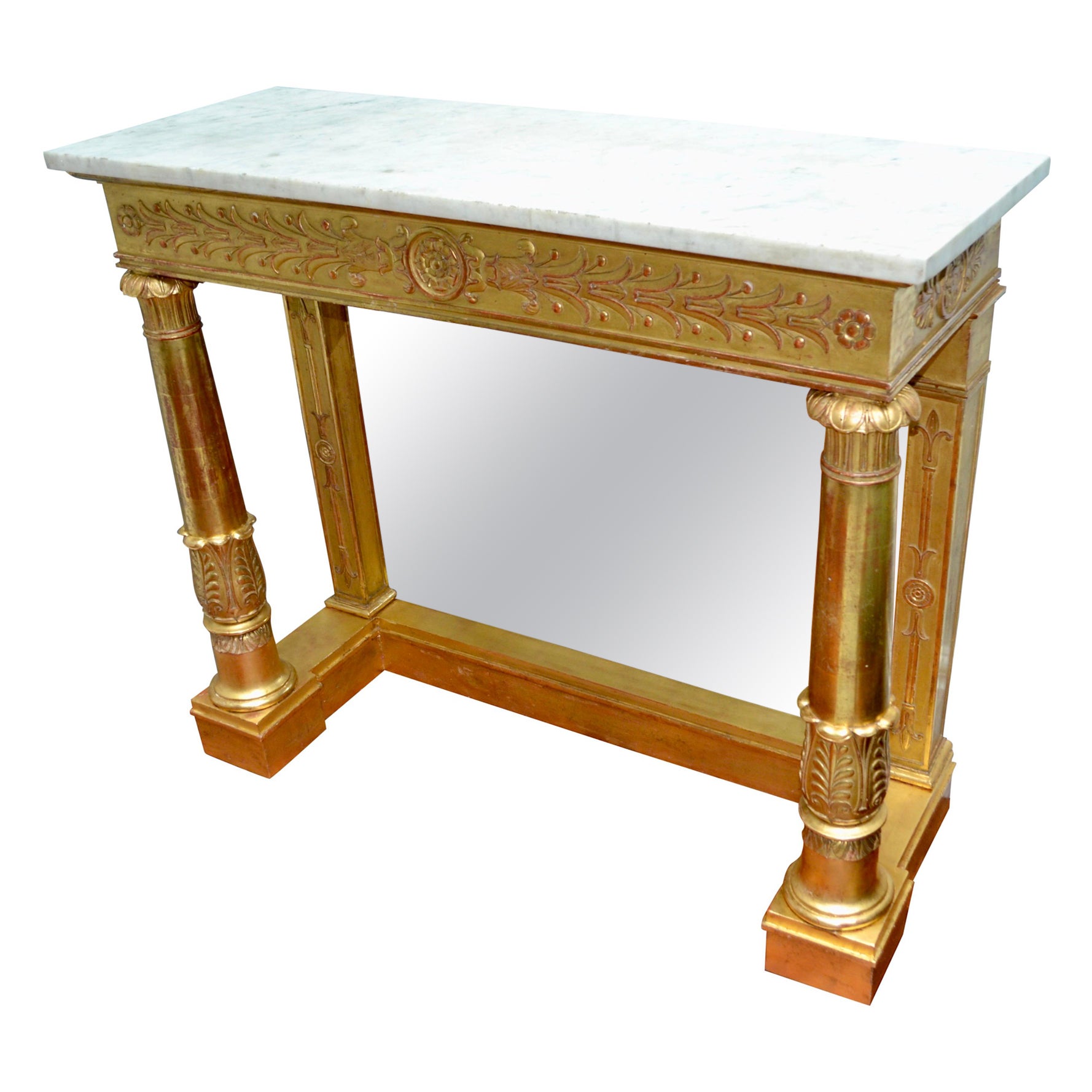 Console Empire française en bois doré surmontée de marbre, estampillée  Pierre Belange