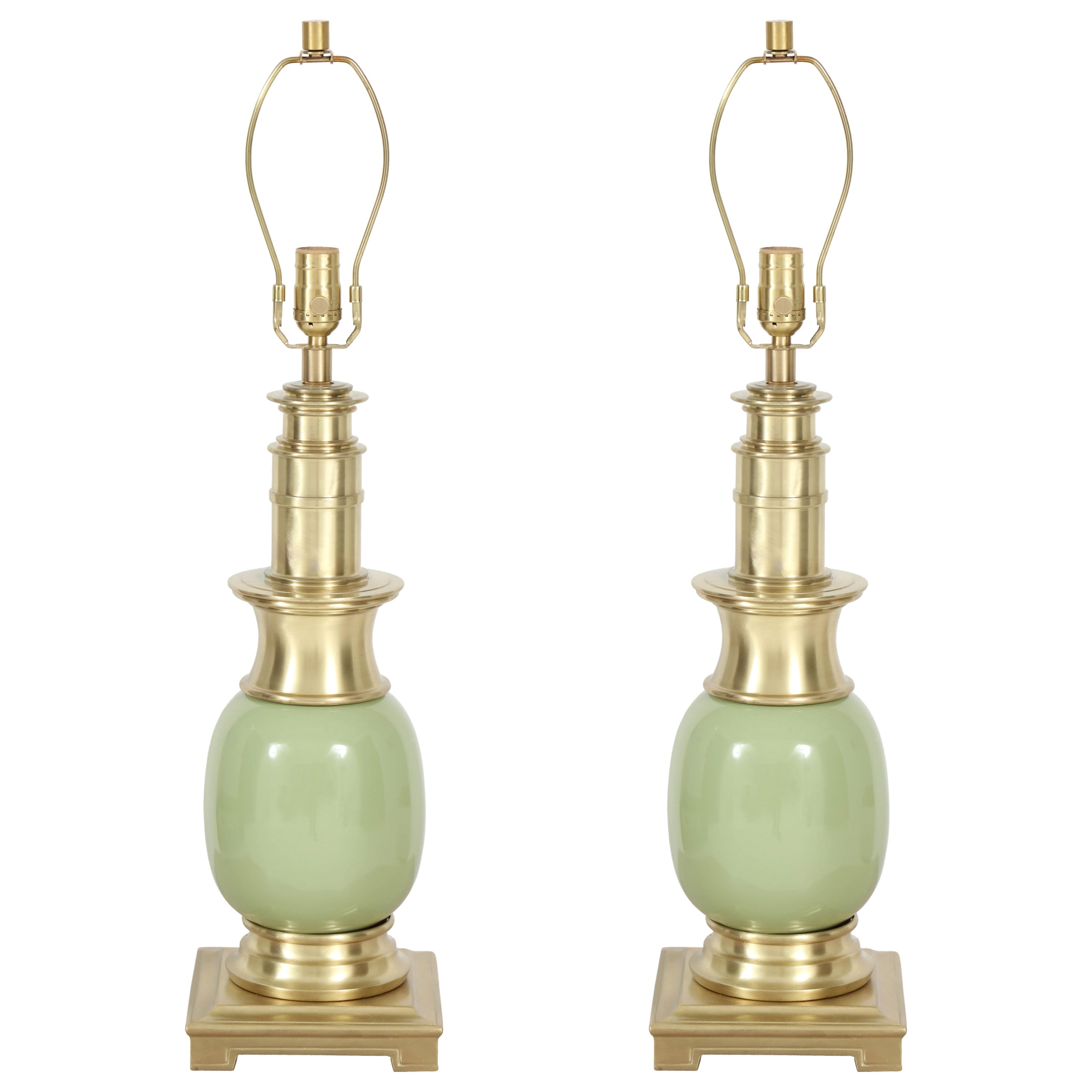 Stiffel Turquoise Ceramic and Brass Table Lamps For Sale at 1stDibs