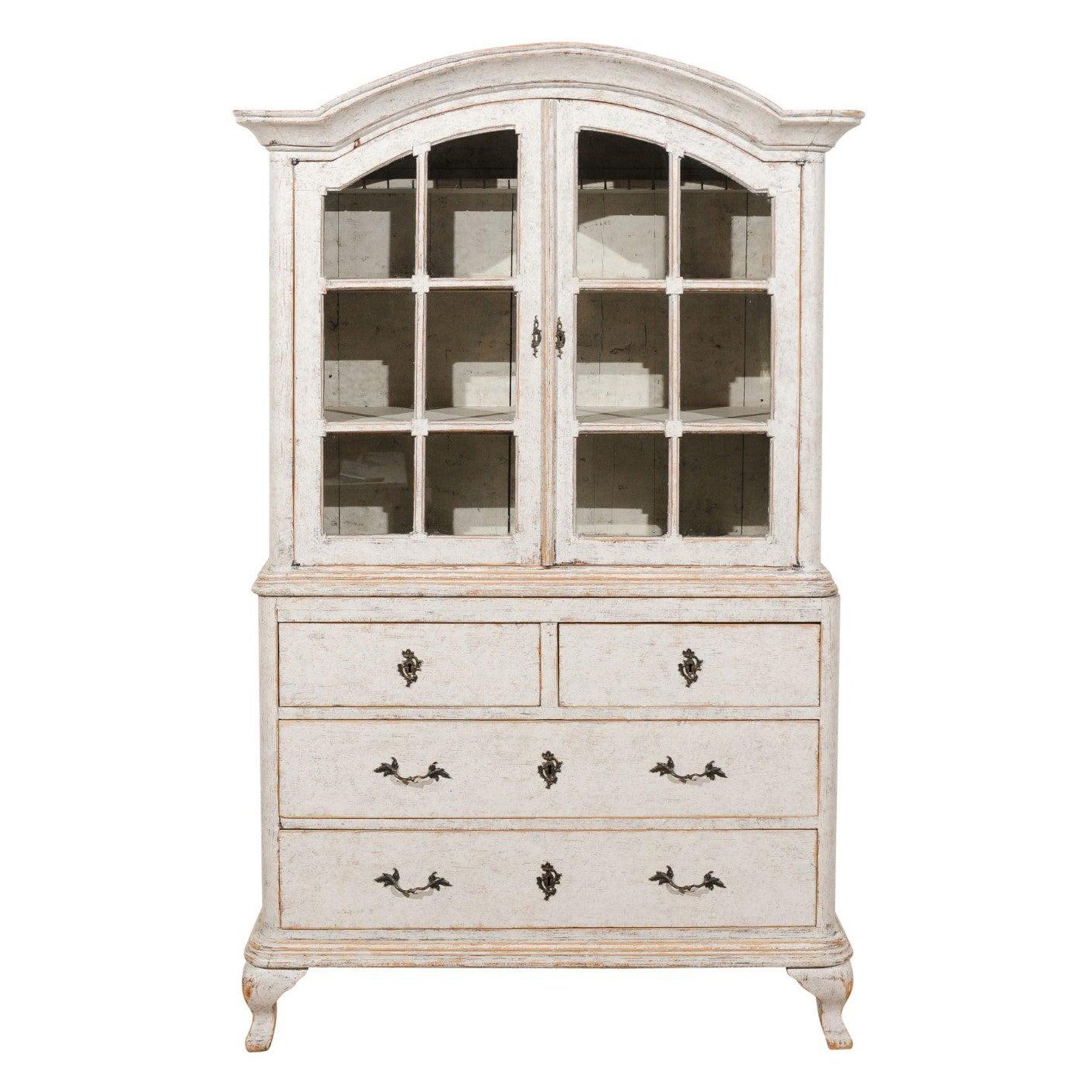 Swedish Rococo Style 19th Century Painted Vitrine with Glass Doors and Drawers For Sale
