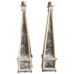 19th Century Grey Pair of Swedish Gustavian Obelisks, Antique Pinewood Decor
