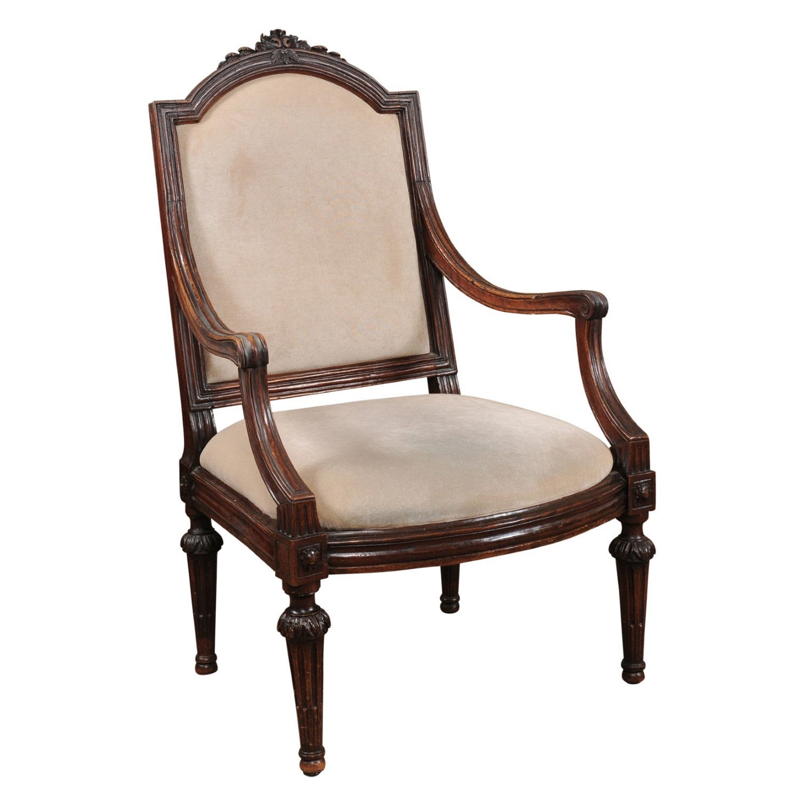 Neoclassical Period Walnut Armchair with Fluted Tapering Legs, Italy, ca. 1790