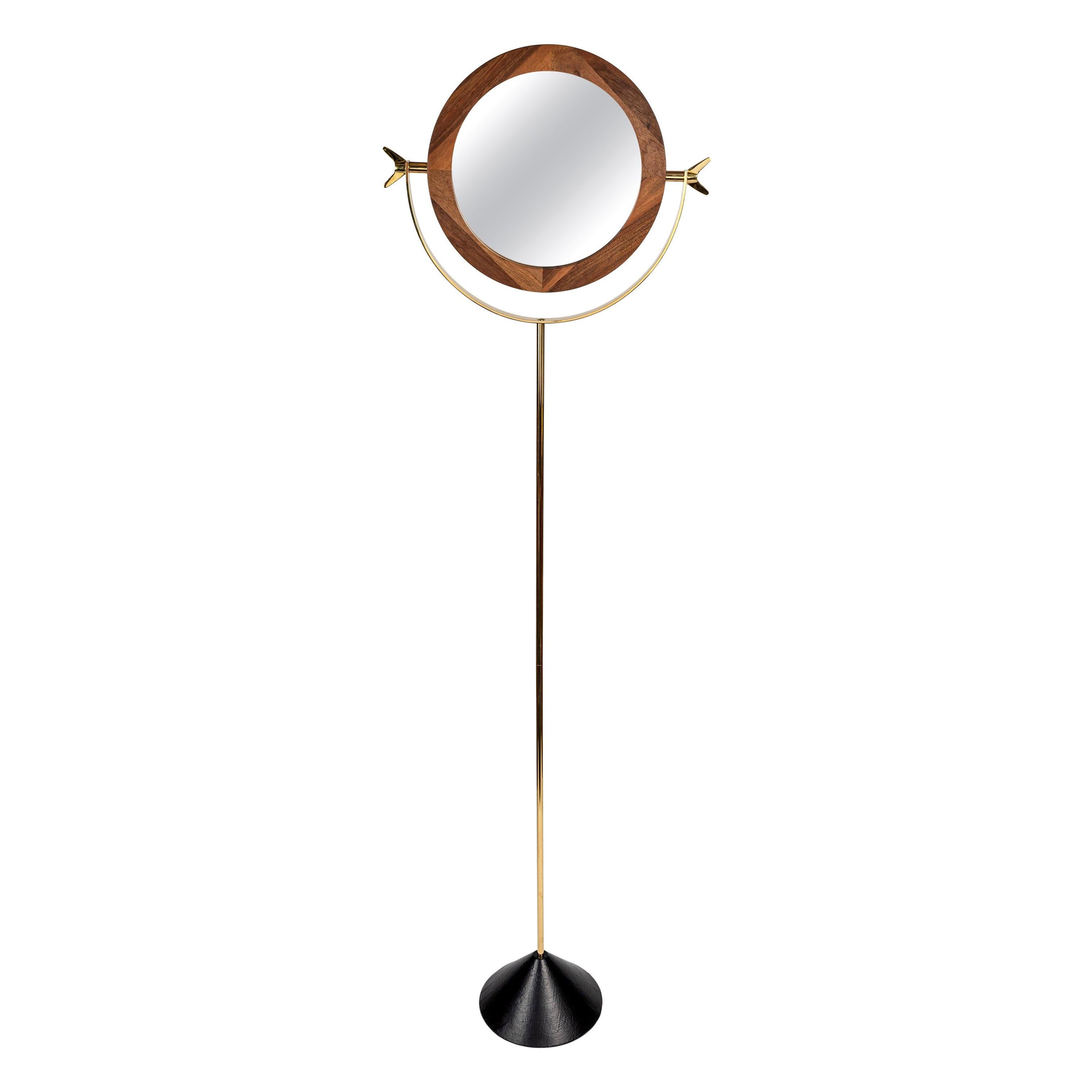 Large Carl Auböck #4959 Brass and Walnut Floor Mirror For Sale