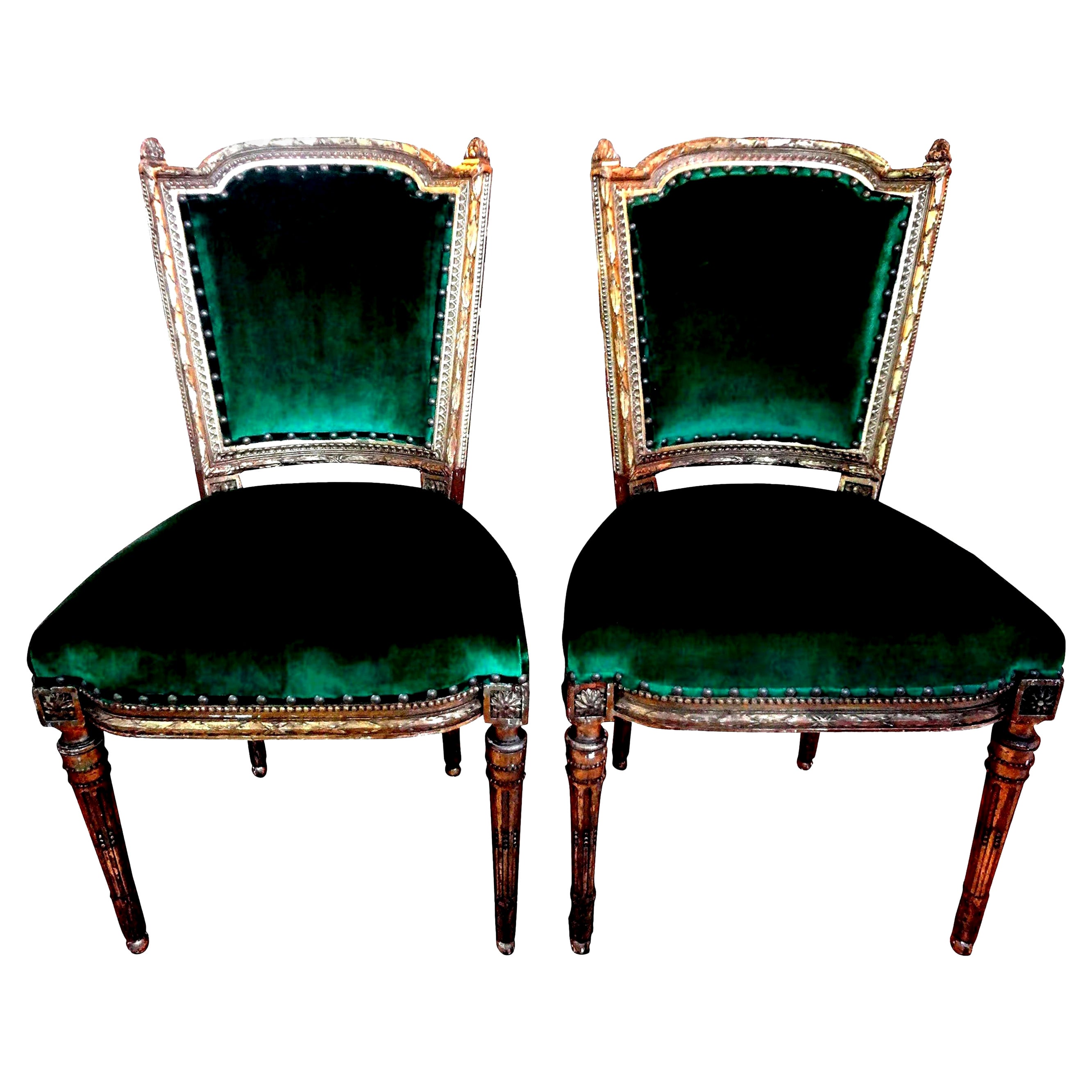 Paar französische Stühle aus vergoldetem Holz im Louis-XVI-Stil des 19. Jahrhunderts