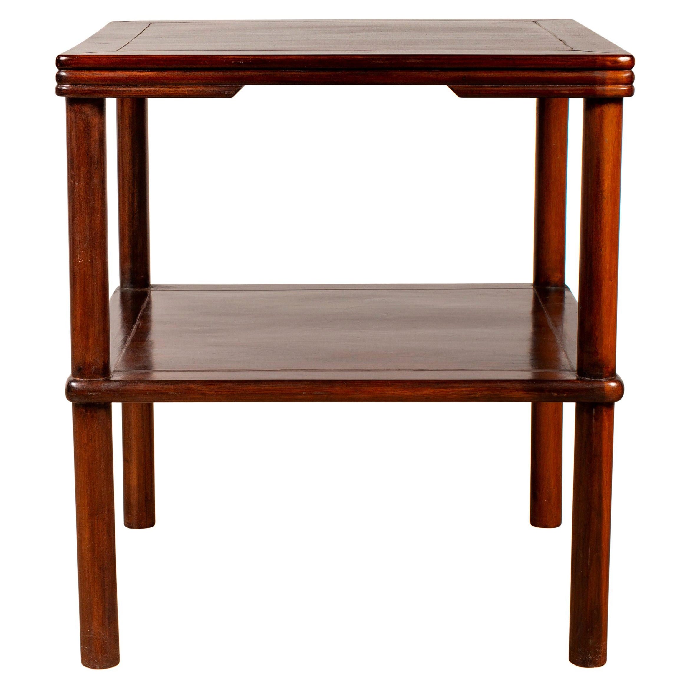 Vintage Square Side Table with Reeded Accents, Lower Shelf, and Cylindrical Legs