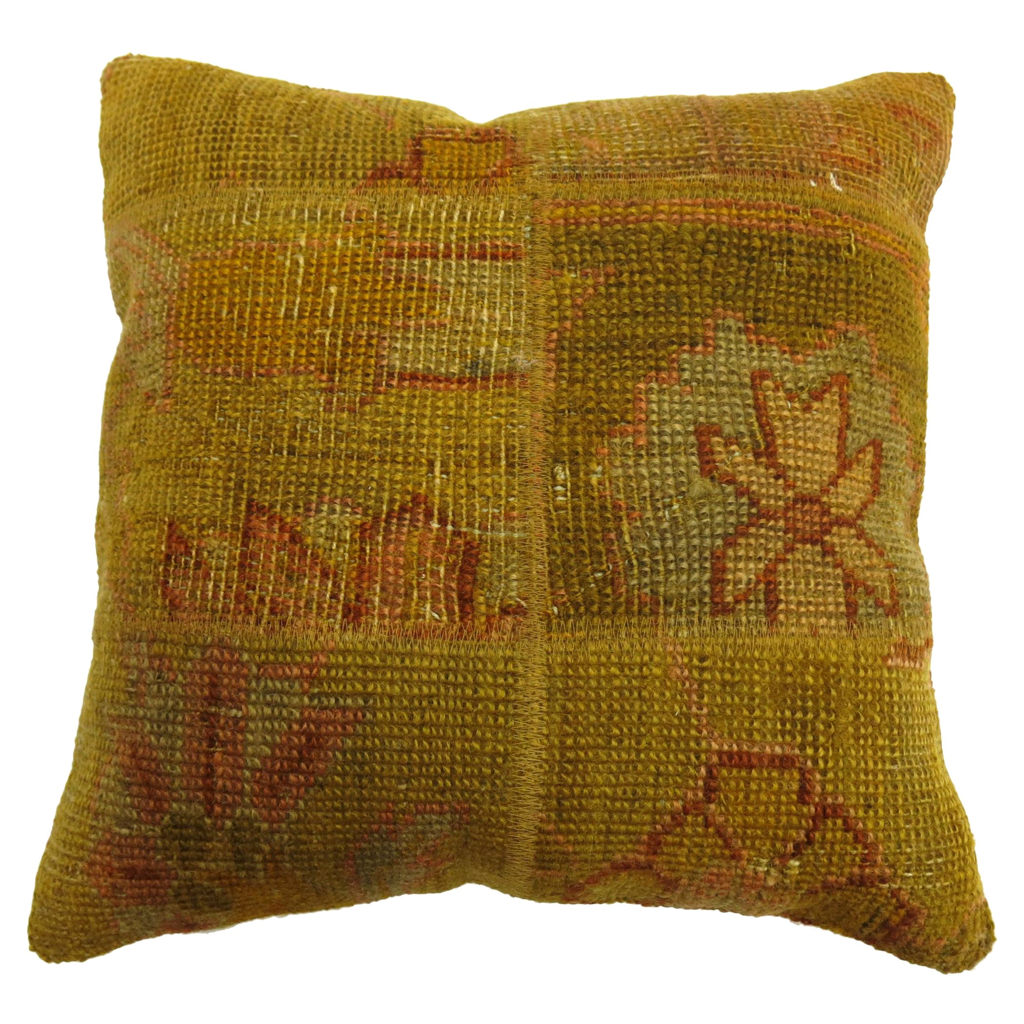 Gold Green Antique Turkish Oushak Rug Pillow For Sale