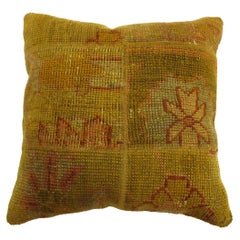 Gold Green Antique Turkish Oushak Rug Pillow