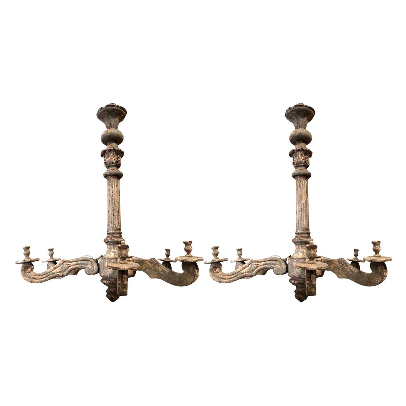Siglo XVIII Pareja Italiana de Grandes Lustres Piamonteses - Antiguos Candelabros de Madera en venta