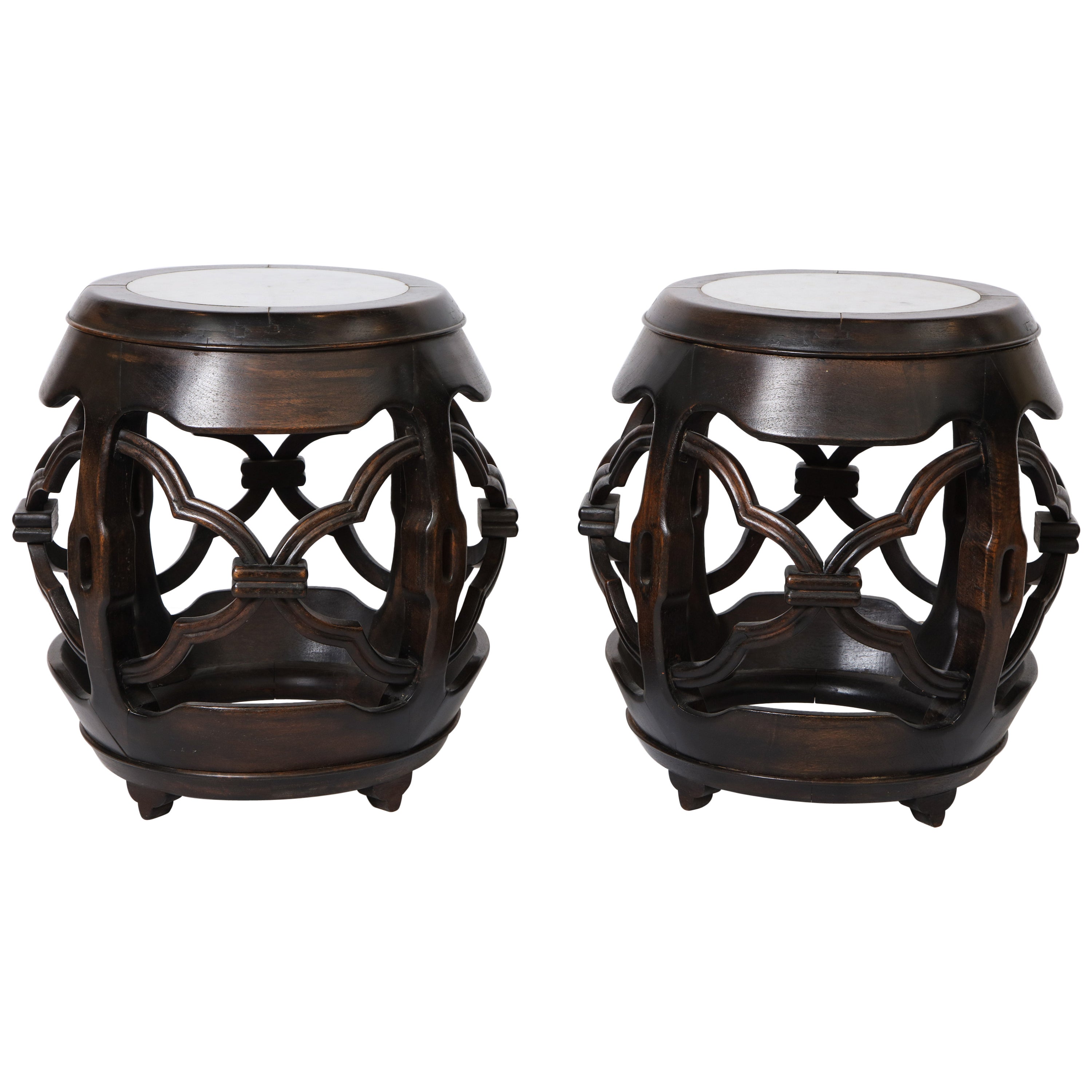 Pair of Round Black Lacquer Asian Inspired MarbleTop End Tables For