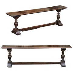 Two English Georgian Period Walnut Benches with Turned Legs and Cross Stretcher